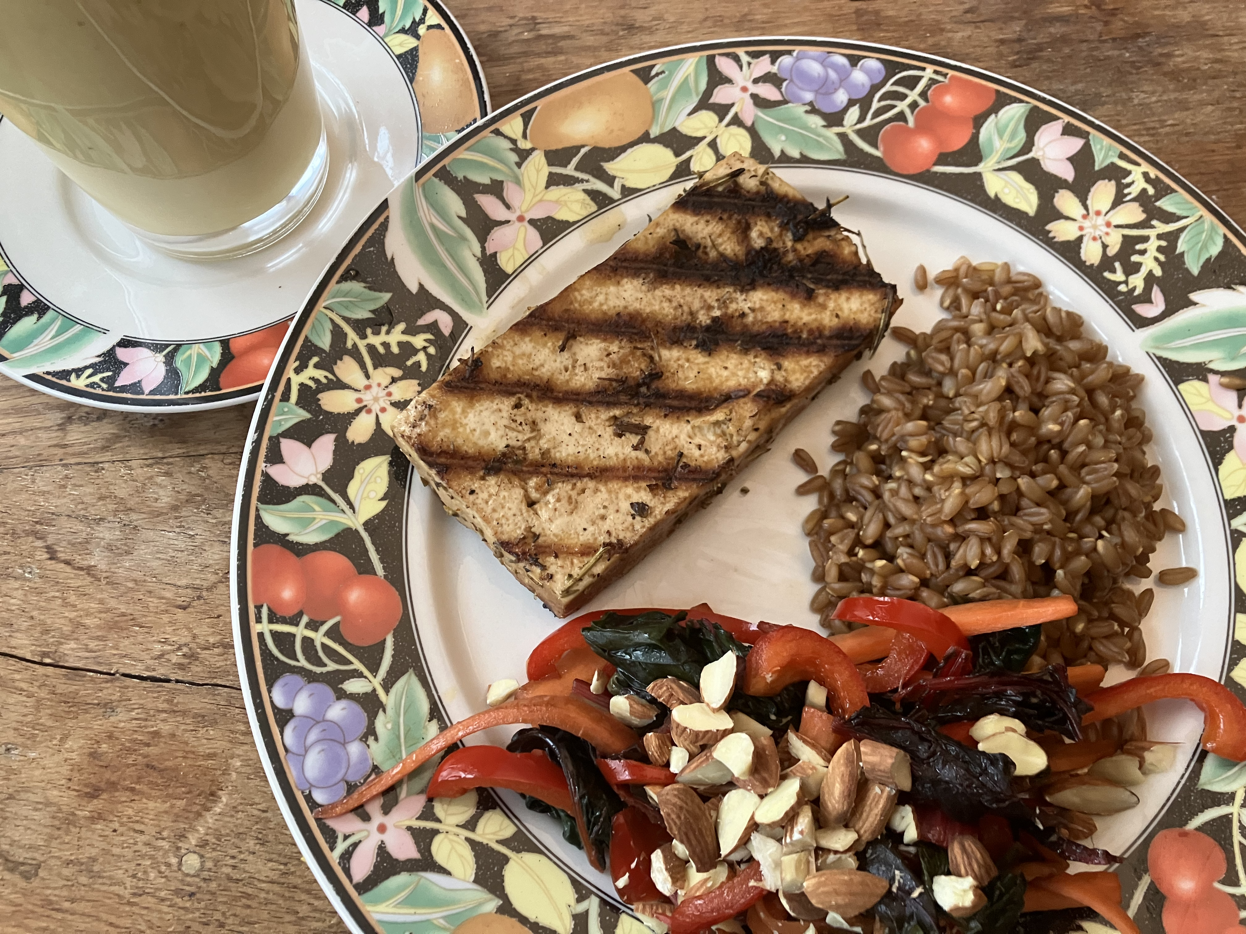 Tofu, farro, rainbow chard
